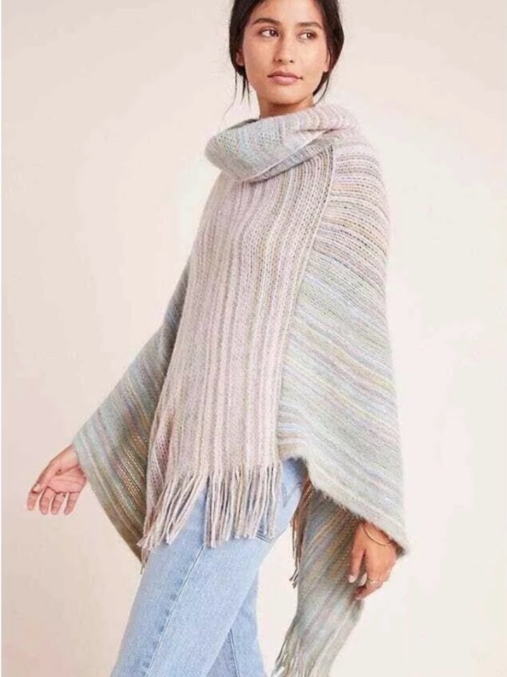 Anthropologie- Saturday | Sunday Striped Fringe Cowl Neck Poncho Shawl Sweater